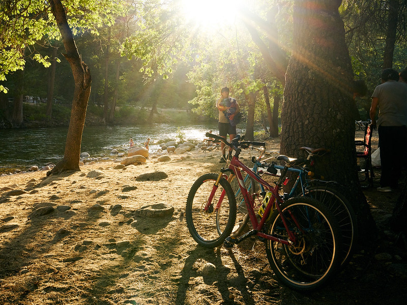 People and bicycles in the sun near a river in Yosemite, California. Ethical use of Image; licensed under Creative Commons.